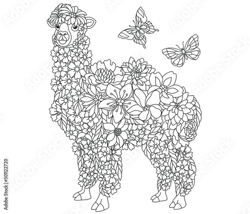 Floral adult coloring book page. Fairy tale llama or alpaca. Ethereal animal consisting of flowers, leaves and butterflies. 