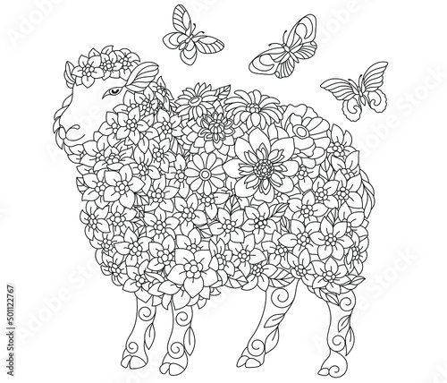 Floral adult coloring book page. Fairy tale sheep. Ethereal animal consisting of flowers, leaves and butterflies. 