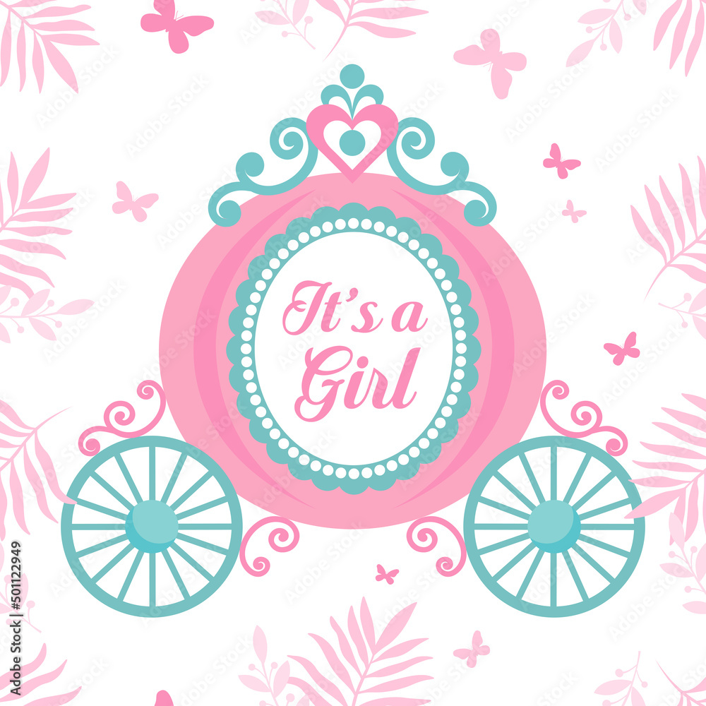 Naklejka premium Baby Shower girl seamless pattern with with princess carriage and butterflies. Nursery wallpaper and textile