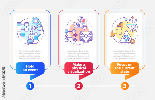 Value stream mapping best practices rectangle infographic template. Data visualization with 3 steps. Process timeline info chart. Workflow layout with line icons. Myriad Pro-Bold, Regular fonts used
