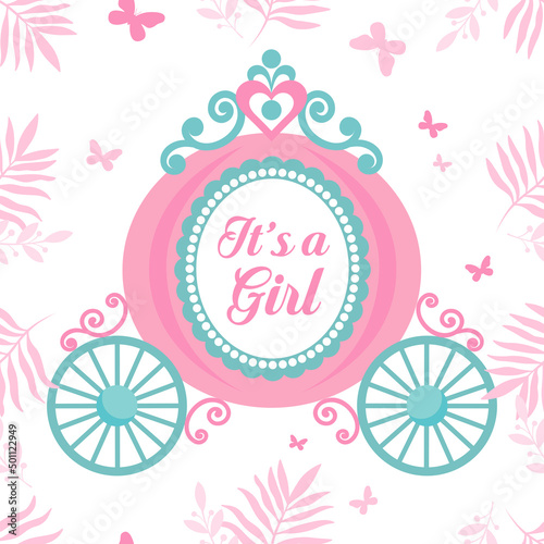 Baby Shower girl seamless pattern with with princess carriage and butterflies. Nursery wallpaper and textile