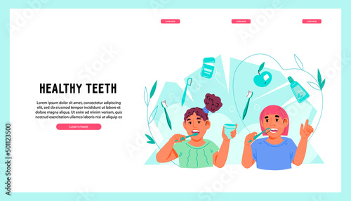 Pediatric dentistry and dental care products for kids website banner, flat vector.