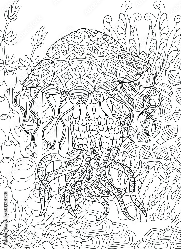 Adult coloring book page. Jellyfish and underwater background. Stock ...