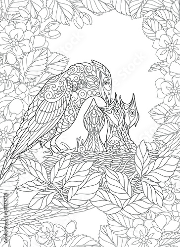 Adult coloring book page. Mother bird and her nestlings among spring flowers. 