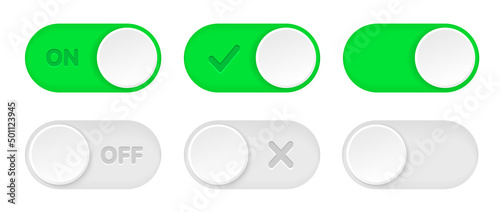 On and Off toggle switch icons. Switch toggle buttons ON OFF. Material design switch buttons set. Open and close ui icons. Active and Inactive icon. Stock Vector.