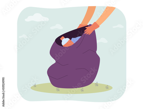 Hands of volunteer in gloves holding open bag with garbage. Person collecting plastic bottles flat vector illustration. Trash management concept for banner, website design or landing web page