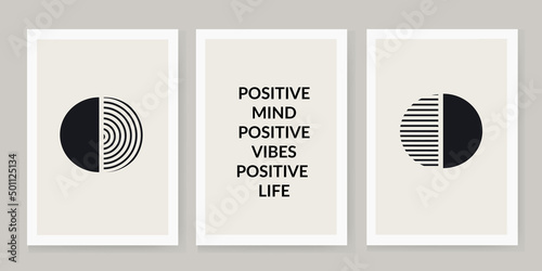 set of 3 creative abstract watercolor geometric illustrations for decorating walls, decorating postcards or brochures. Vector EPS10. Positive mind, positive vibes, positive life