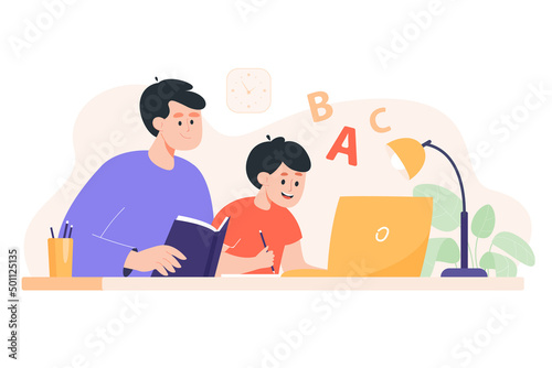 Father helping son with homework flat vector illustration. Dad and kid sitting at table, looking at laptop screen. Parent teaching child, learning school discipline, reading book. Family, study photo