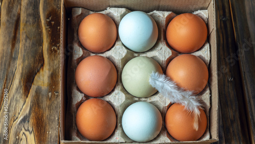 Raw chicken eggs with feather in egg box on wooden background. Chicken eggs in carton box on wooden table.
