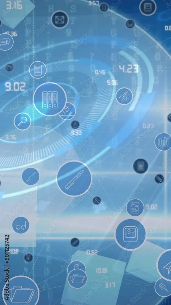 Digital animation of network of multiple digital icons against round scanner on blue background Digital animation of network of multiple digital icons against round scanner on blue background