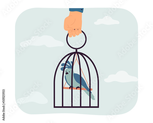 Human hand holding vintage cage with sad bird. Violence of man taking away pets freedom flat vector illustration. Prison, liberation, abuse concept for banner, website design or landing web page