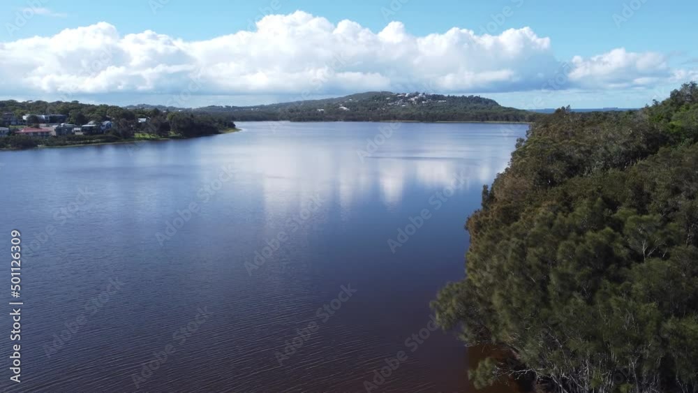 Aerial drone scenic landscape shot Terrigal Wamberal lagoon lake river system Central Coast tourism NSW Australia 4K Aerial drone scenic landscape shot Terrigal Wamberal lagoon lake river system Central Coast tourism NSW Australia 4K