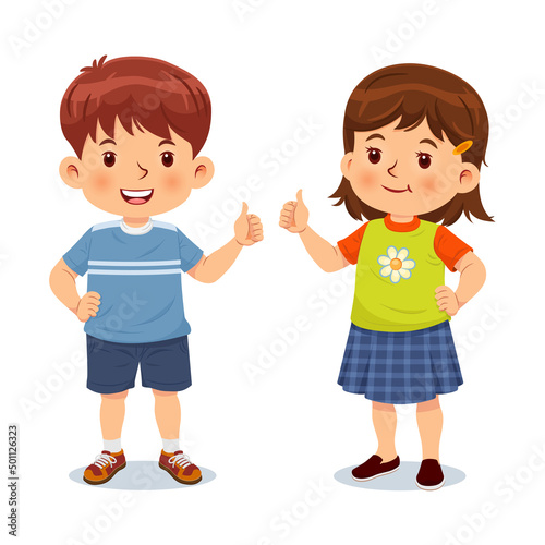 Little boy and girl give thumbs up with a happy look. Vector illustration isolated on white background.