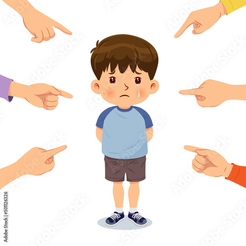 The sad boy was crying, surrounded by the hands of the surrounding people, pointing at him. Concept of bullying and blaming. vector illustration