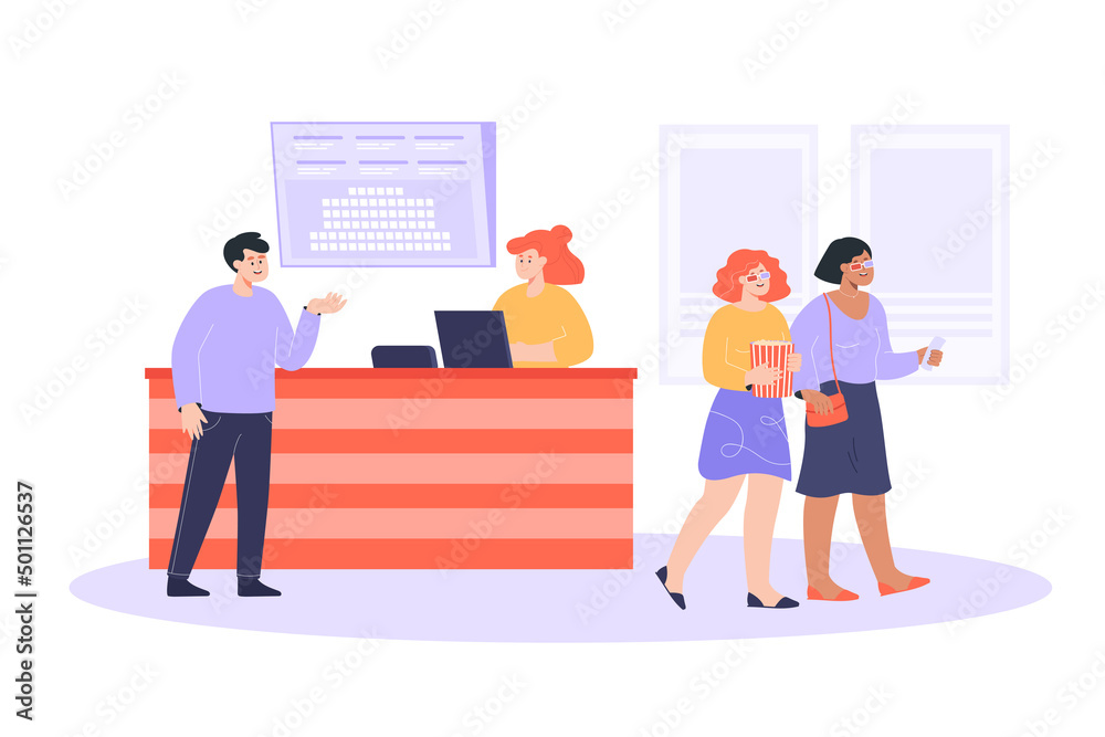 Cinema cashier selling tickets flat vector illustration. Seller standing at counter. Girls wearing 3D glasses, holding popcorn can, going to movie theatre. Man buying ticket. Entertainment concept