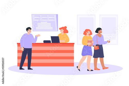 Cinema cashier selling tickets flat vector illustration. Seller standing at counter. Girls wearing 3D glasses, holding popcorn can, going to movie theatre. Man buying ticket. Entertainment concept