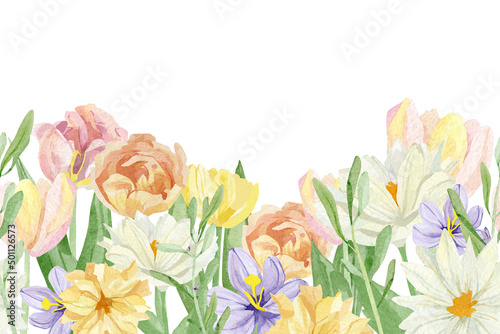 Hand painted floral seamless border design. Watercolor botanical illustration with tulips, wildflowers isolated on white background. Beautiful garden flower for greeting card, wedding invitation