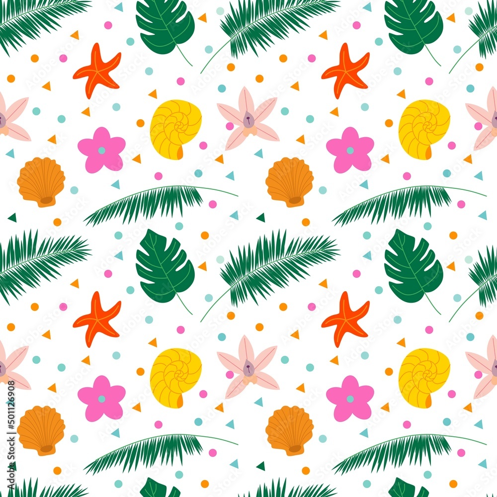 Summer seamless pattern of women's beach items. Flat vector illustration
