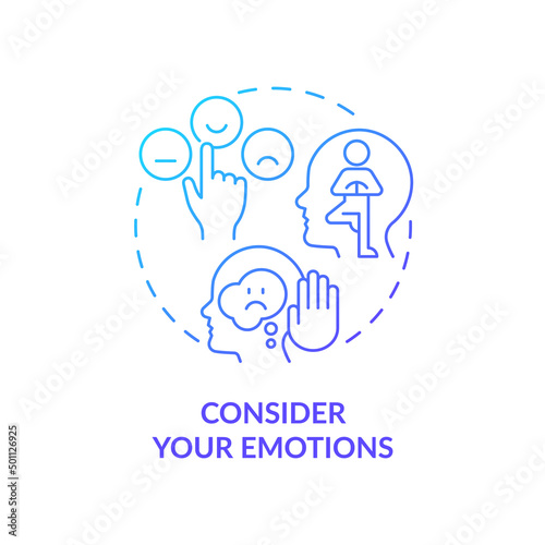 Consider your emotions blue gradient concept icon. Increasing emotional intelligence abstract idea thin line illustration. Acceptance. Isolated outline drawing. Myriad Pro-Bold font used