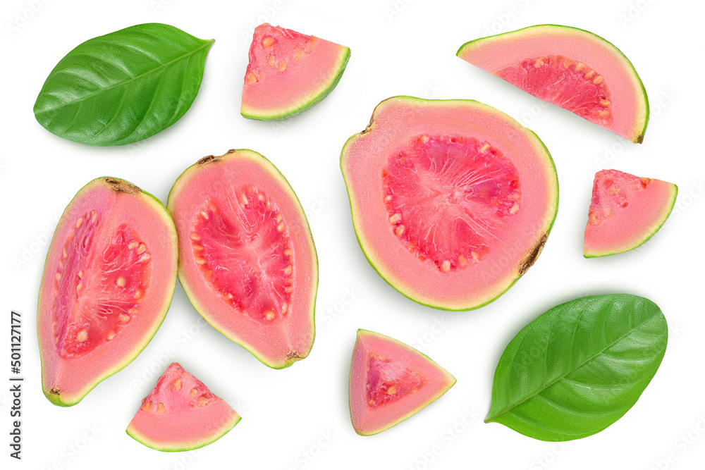 Guava fruit slices isolated on white background with clipping path and full depth of field. Top view. Flat lay Guava fruit slices isolated on white background with clipping path and full depth of field. Top view. Flat lay