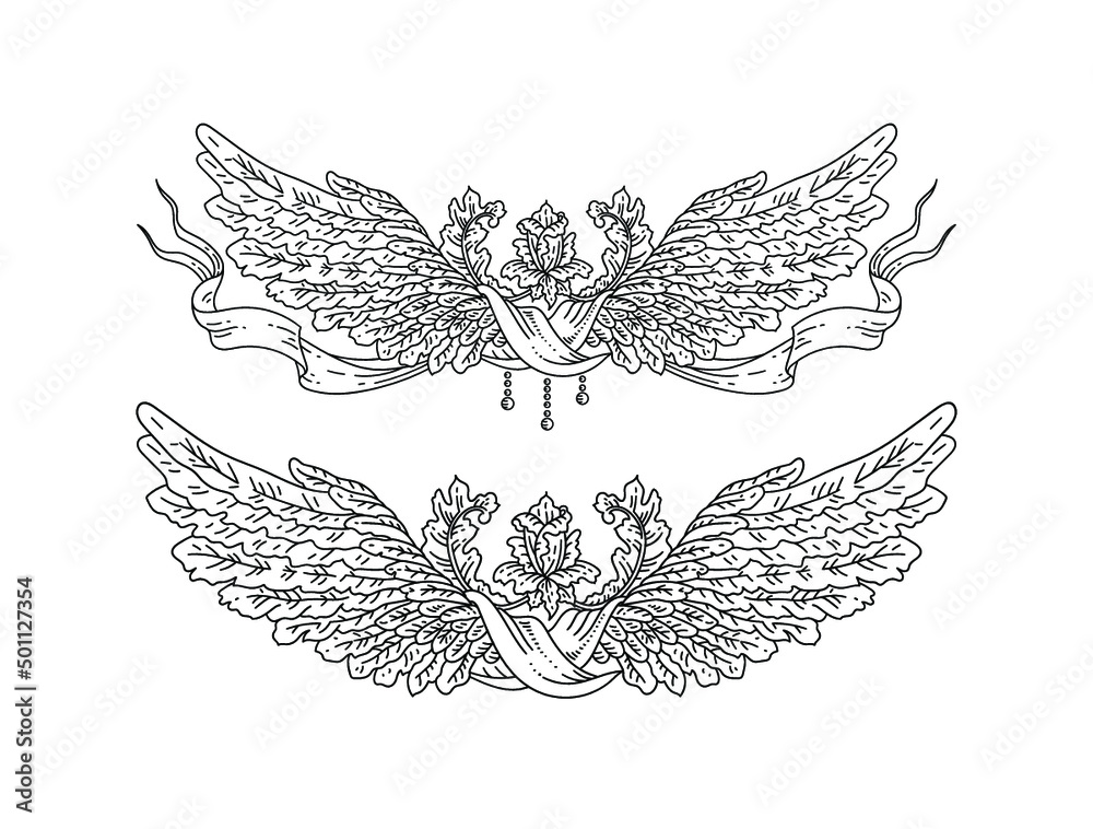 Vector set of vintage vignettes of angel bird wings with flowers and ...