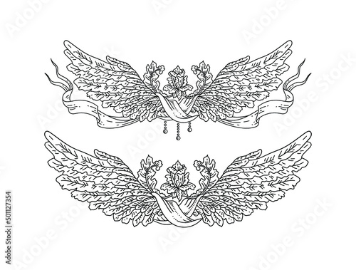 Vector set of vintage vignettes of angel bird wings with flowers and ribbon, heraldic decorative element in antique style as black outline illustration isolated on white