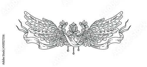Vector vintage vignette of angel bird wings with flowers and ribbon, heraldic decorative element in antique style as black outline illustration isolated on white