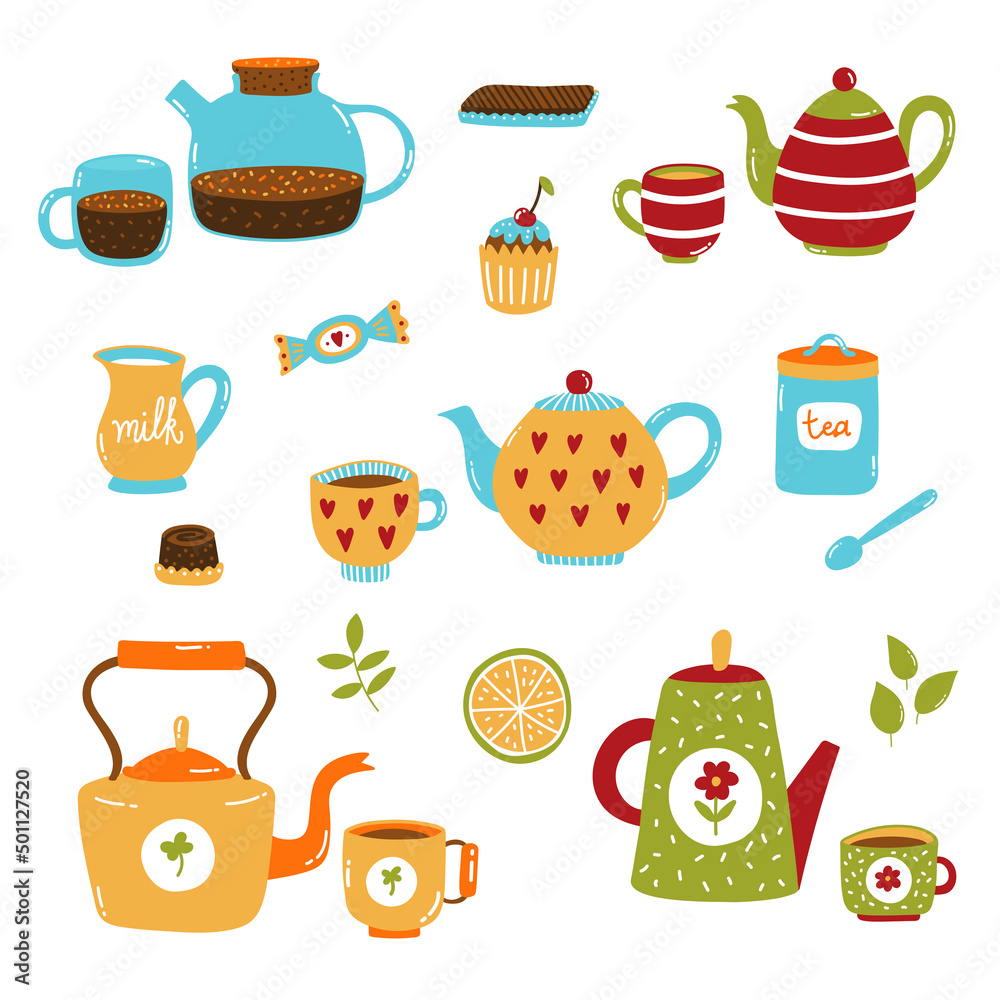Cute tea cups and teapots colorful cute hygge style icons set. Vector illustration