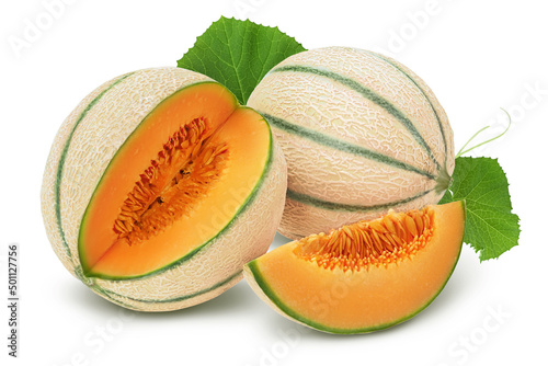 Cantaloupe melon isolated on white background with clipping path and full depth of field,
