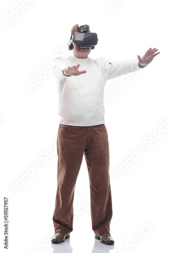 adult male looking with interest through virtual reality glasses