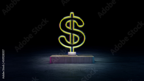 Neon Dollar Sign with illumination on dark background