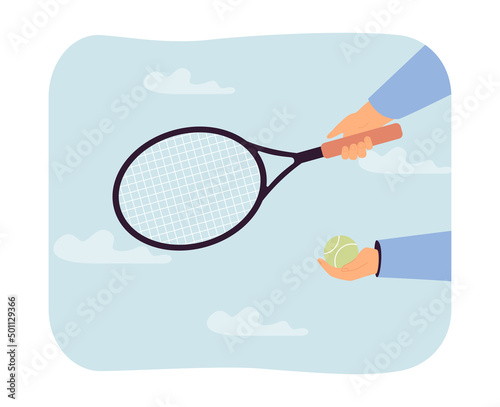 Athletes hands holding tennis racket and ball. Active person training on court, playing sport game flat vector illustration. Competition, match concept for banner, website design or landing web page