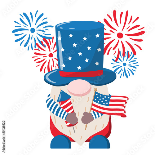 American Independence day patriotic gnome in a top hat holding cracker and flag in hands. Vector illustration. Holiday 4th of July party invitation, card design. Isolated on white background.