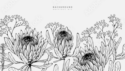 Luxury botanical background with trendy wildflowers and minimalist flowers for wall decoration or wedding. Hand drawn line herb, elegant leaves for invitation save the date card. Botanical rustic photo