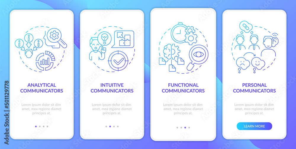 Types of communicators blue gradient onboarding mobile app screen. Walkthrough 4 steps graphic instructions pages with linear concepts. UI, UX, GUI template. Myriad Pro-Bold, Regular fonts used