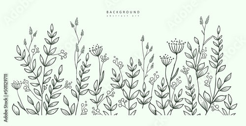 Luxury botanical background with trendy wildflowers and minimalist flowers for wall decoration or wedding. Hand drawn line herb, elegant leaves for invitation save the date card. Botanical rustic