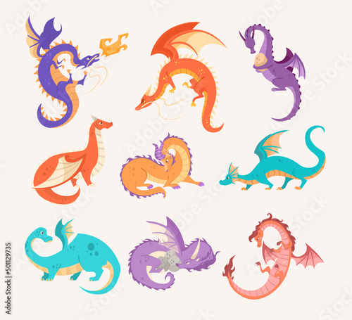 Colorful dragons on white background cartoon illustration set. Cute magical creature flying, sitting, fighting, walking, releasing fire, hatching eggs, expecting baby. Fantasy, reptile concept