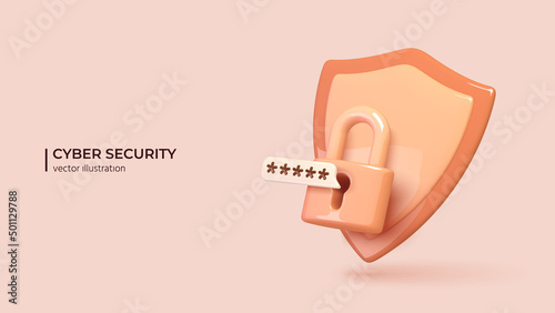 Cyber security concept. Realistic 3d padlock with password and shield. The concept of mobile phone and personal data protection. Vector illustration photo