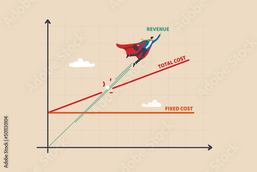 Break even point, business strategy plan revenue growing up to break point and business earn profit, success company growth concept, businessman super hero flying as revenue on break even diagram.