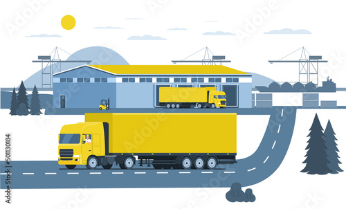 Truck with driver and pre-port warehouse. Vector illustration.