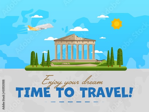 Welcome to Greece poster with famous attraction vector illustration. Travel design with Parthenon temple on Acropolis. Famous architectural landmark and worldwide traveling, tourist agency banner