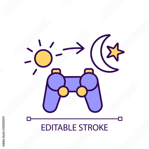 Gaming all day long RGB color icon. Problem of video game addiction. Virtual world activities. Isolated vector illustration. Simple filled line drawing. Editable stroke. Arial font used