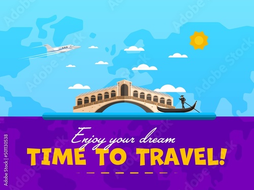 Welcome to Italy poster with famous attraction vector illustration. Travel design with Rialto Bridge in Venice. Famous architectural landmark and worldwide traveling concept, tourist agency banner