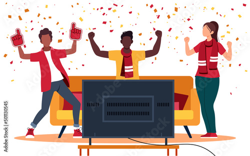 Cheerful soccer fans vector illustration celebrating a goal