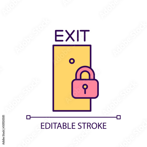Exit door and padlock RGB color icon. Keeping access closed. Protection of emergency exit. Isolated vector illustration. Simple filled line drawing. Editable stroke. Arial font used