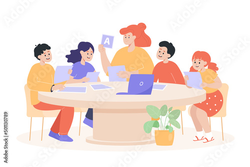 Teacher and children sitting at table in classroom. Girls and boys using tablets, computer or laptop, learning together flat vector illustration. Education, study concept