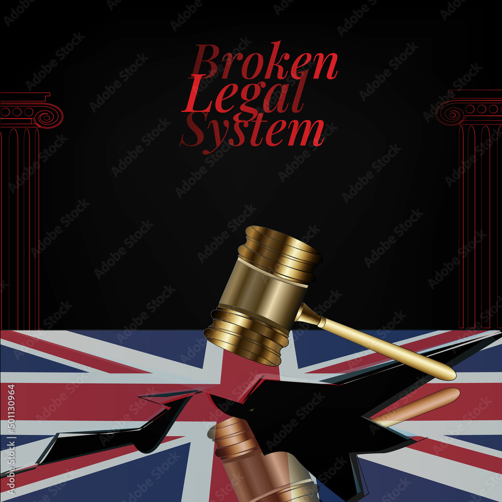 United kingdom's broken legal system concept art.United kingdom's flag and gavel