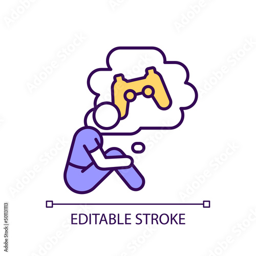 Abstinence syndrome at gaming addiction RGB color icon. Breaking videogame obsession. Mental issues. Isolated vector illustration. Simple filled line drawing. Editable stroke. Arial font used