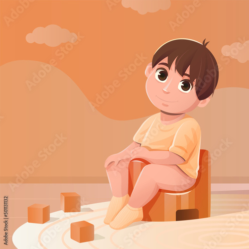 Cartoon baby sitting on a potty in children's room. Concept potty training.