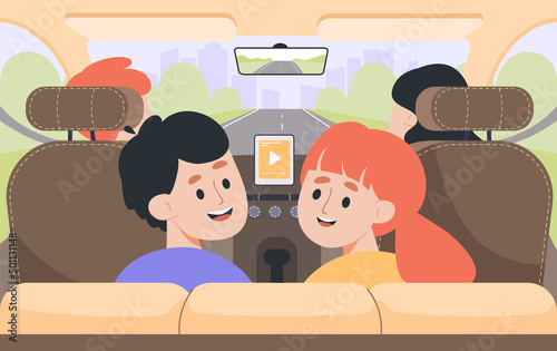 Kids sitting on back seats of car flat vector illustration. Boy and girl going on auto trip or journey with parents. Family spending holiday together. Travel, road trip concept